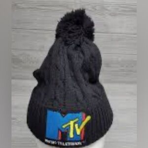 MTV Music Television Retro Unisex Black Cable Knit Pom Beanie Embroidered hat